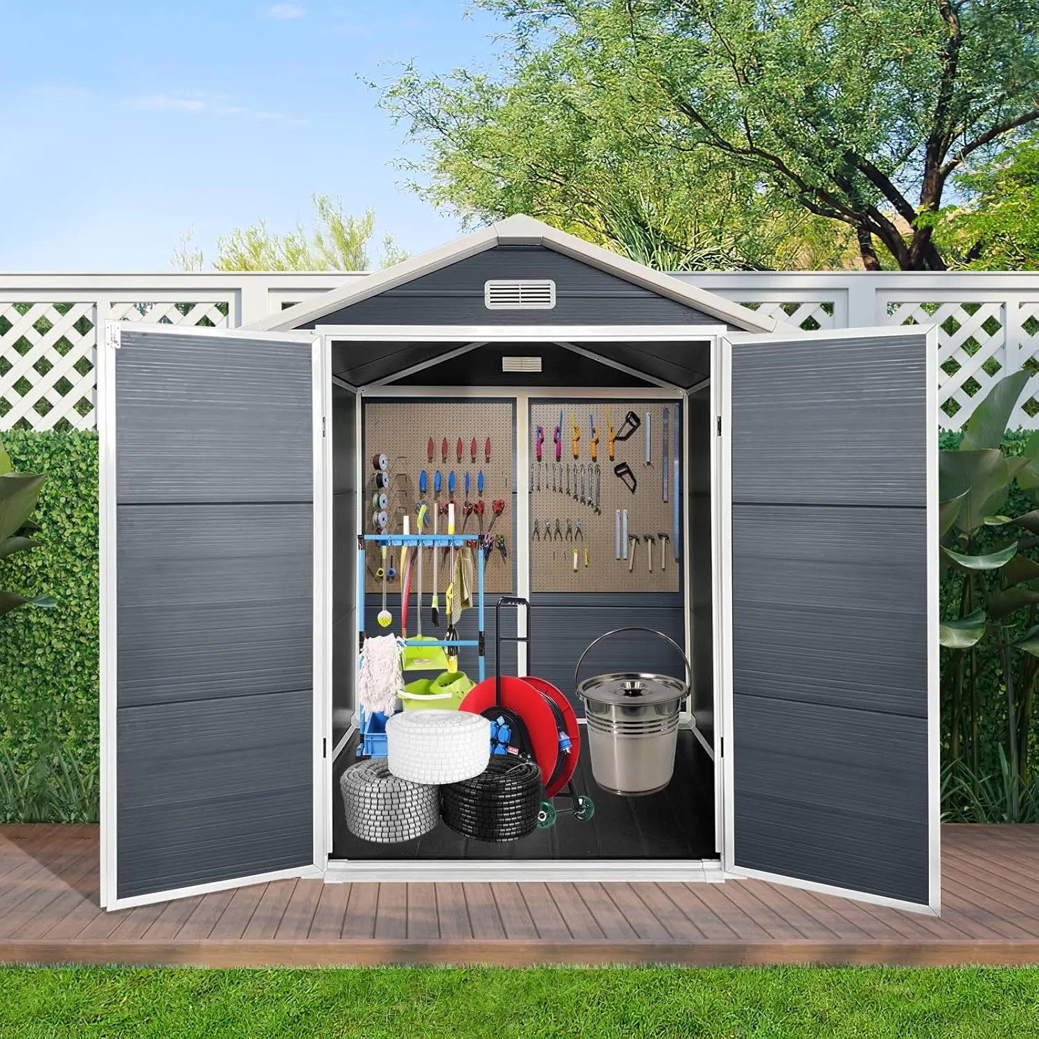 

6ft x 6ft Lockable Plastic Outdoor Storage Shed with Floor for Backyard Lawn, Customized
