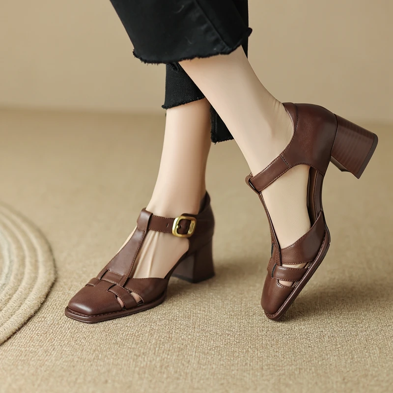 2023 New Fashion Classics Genuine Leather Sandals Woman Thick High Heels Sandals Office Ladies Dress Summer Shoes Heels Women