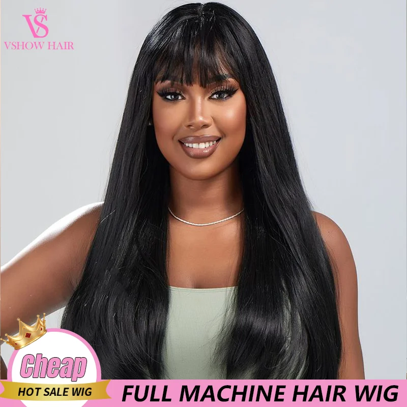 

Straight Wigs Human Hair With Bang On Sale For Women Natural Black Machine Made Sew In Wig Virgin Hair 100% Human Hair