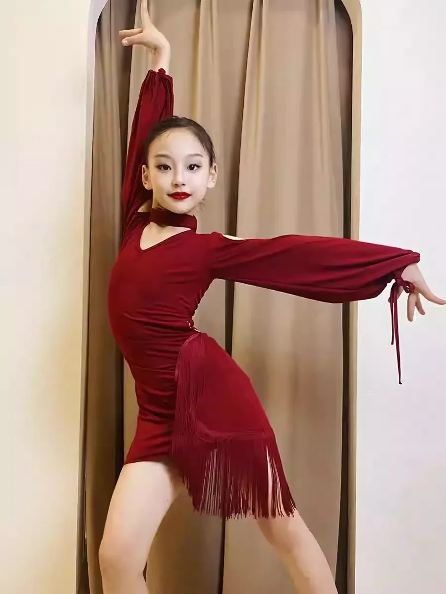 Vestido de prática infantil, vestido de dança de desempenho de sensação de alta qualidade para meninas outono/inverno novo vestido de dança latina