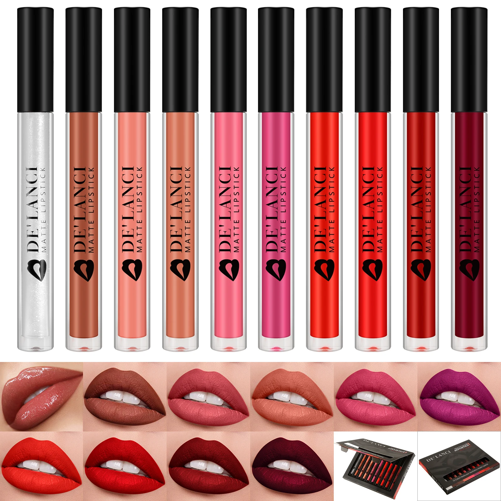 

Matte Liquid Lipstick + 1 Lip Gloss Glitter Set ,Non-stick Cup,DE'LANC Non-fade,24 Hours Lip Stick, Gift Kits for Girls / Women,