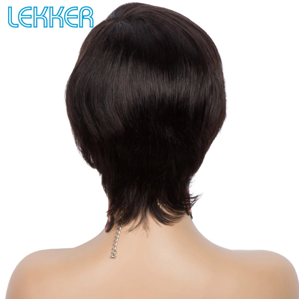 Lekker التخليص الأسود قصير عابث قطع 100% خصلات الشعر المستعار الإنسان للنساء البرازيلي شعر ريمي آلة كاملة صنع لا الغراء شعر مستعار مستقيم