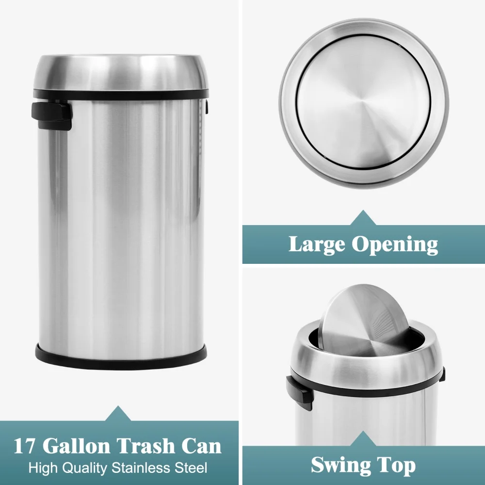 65L/17Gal Trash Can with Swing Top, Commercial Brushed Stainless Steel Outdoor Trash Can, Large Kitchen Trash Can