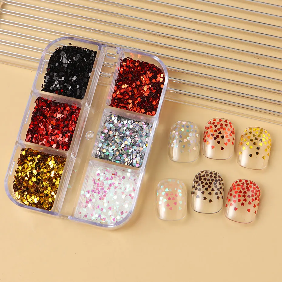 6 กริด Y2K น่ารักหัวใจ Glitter เล็บ Kawaii Mini Golden เลเซอร์ Silvery Love เล็บ Flake เกาหลี Star DIY เล็บ Charm อุปกรณ์