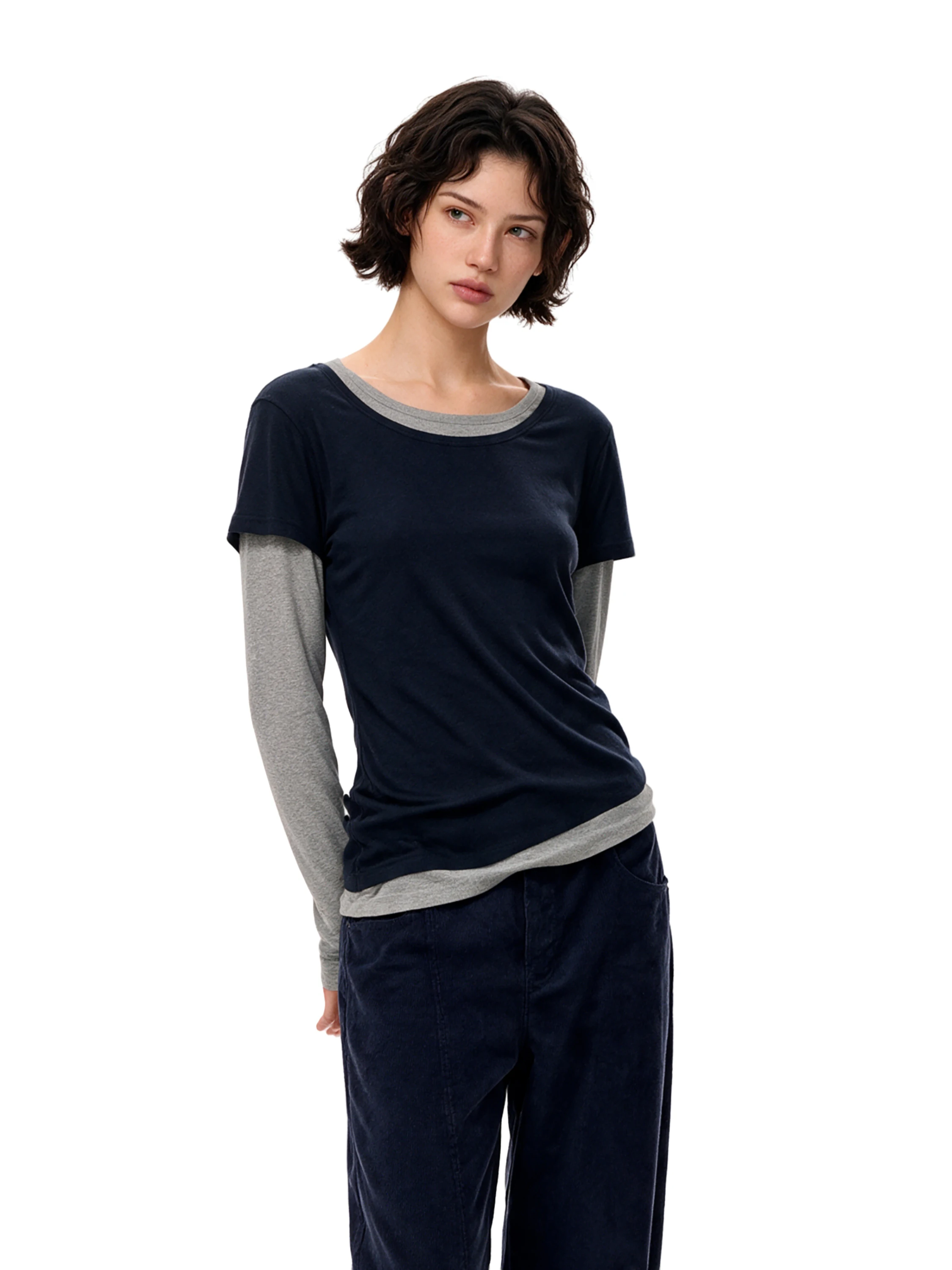 GO GO BURN Slim Fit round Neck Long Sleeve T-Shirt Women's Casual Style Patchwork Inner Wear Base Top Short Length