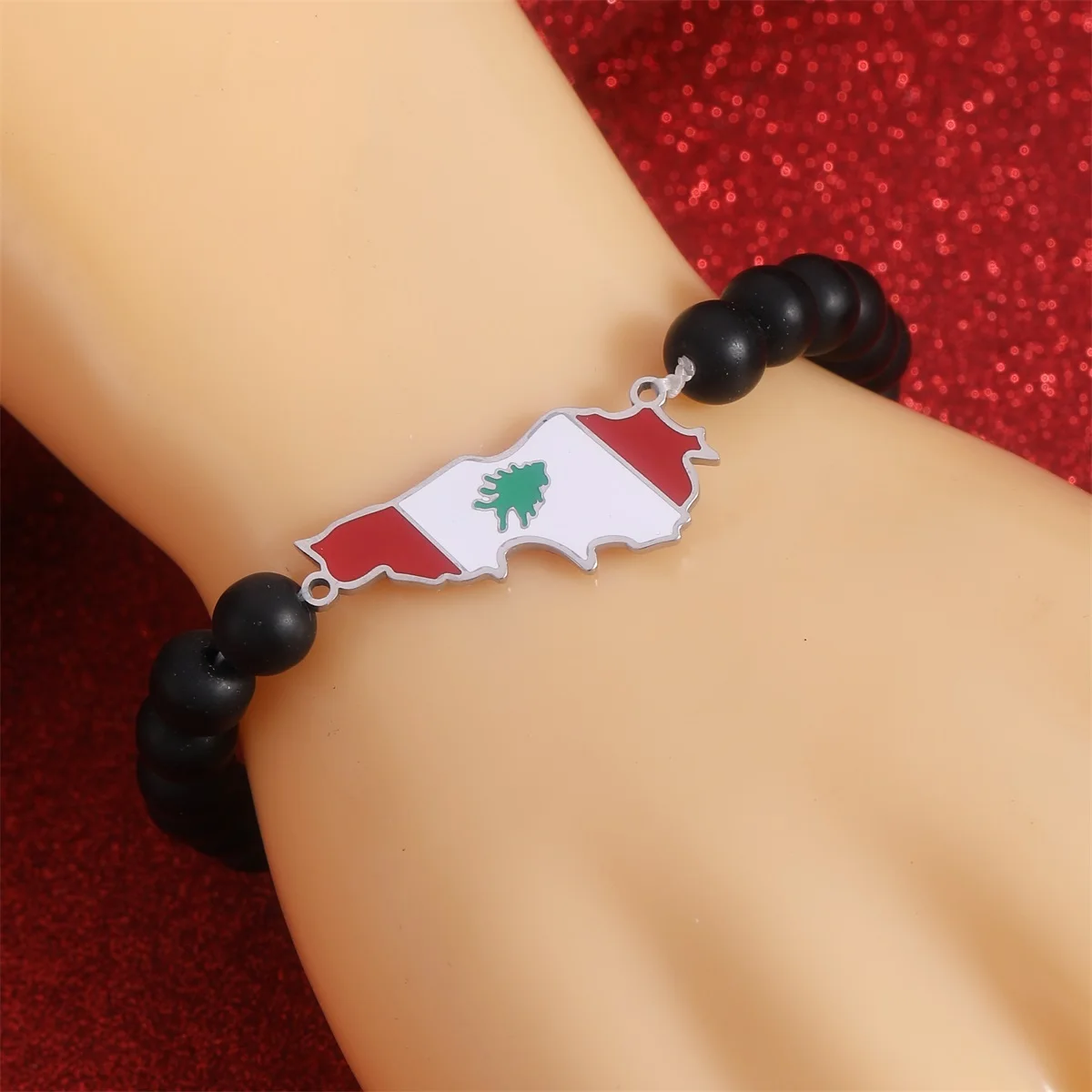 Liban Map With Flag Black Beads Bracelet  Jewelry Lebanon Map