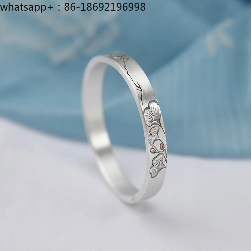 Ginkgo Biloba Leaf Sterling Silver Bracelet 999 Ancient Handmade Plain Matte Solid Bracelet