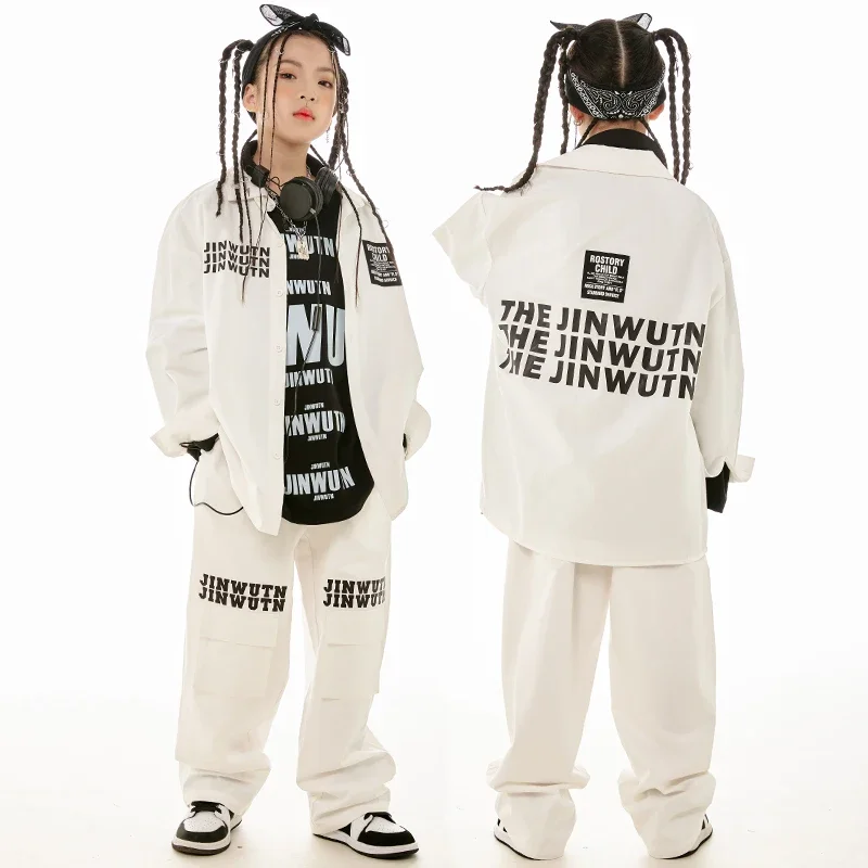 

2023 Kids Hip Hop Clothes Girls Jazz Dance Costume White Coat Pants Loose Long Sleeves Suit Kpop Stage Performance Wear BL11840