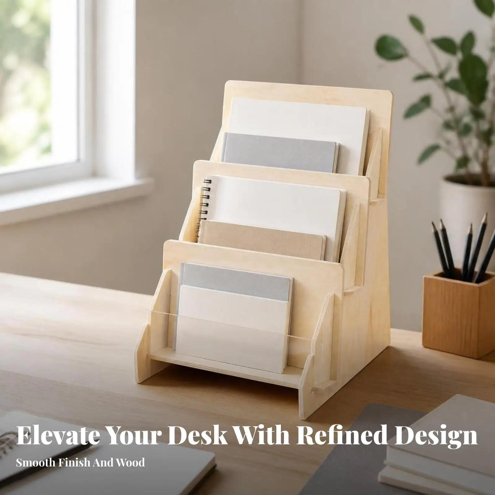 3-Tier Desktop Organizer Stable Wooden Brochure Stand Long-Lasting for Office