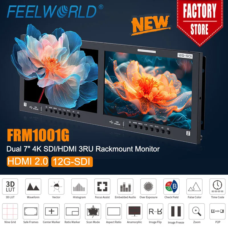 

FEELWORLD FRM1001G Двойной 10,1-дюймовый 4RU монитор для установки в стойку, 12G-SDI, для вещания, 4K HDMI, 1920x1200 IPS, 3D-LUT