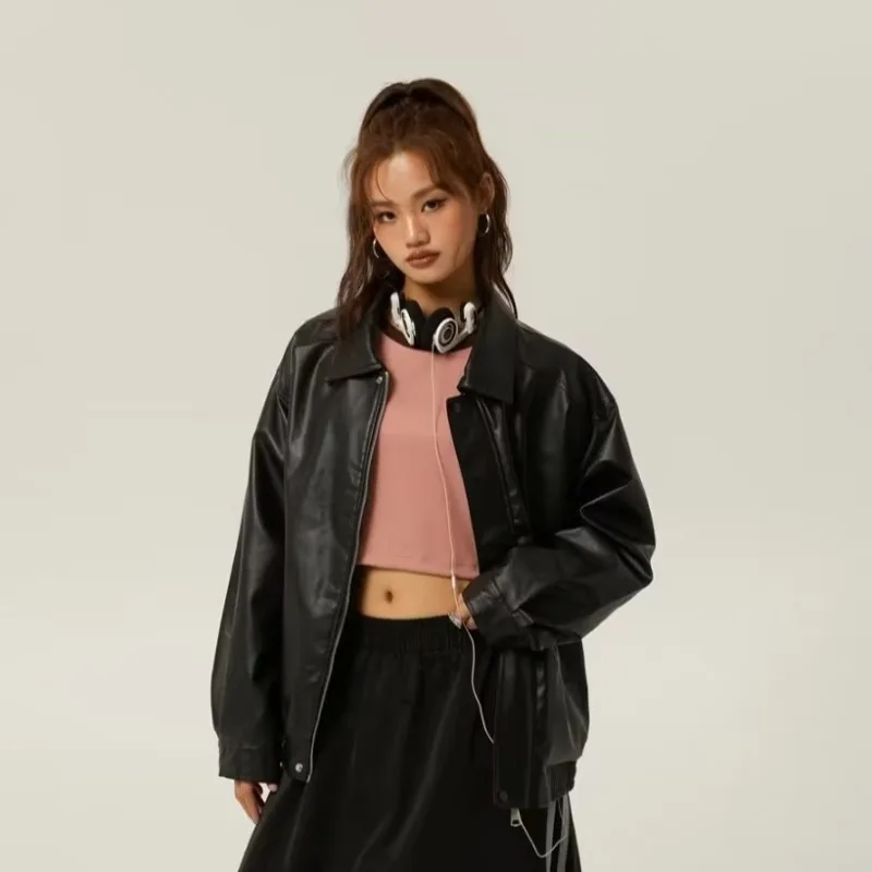 Jacket Women Pu-leather American Retro Loose Chic Long Sleeves All-match High Street Harajuku Autumn Simple Schoolgirls Fashion