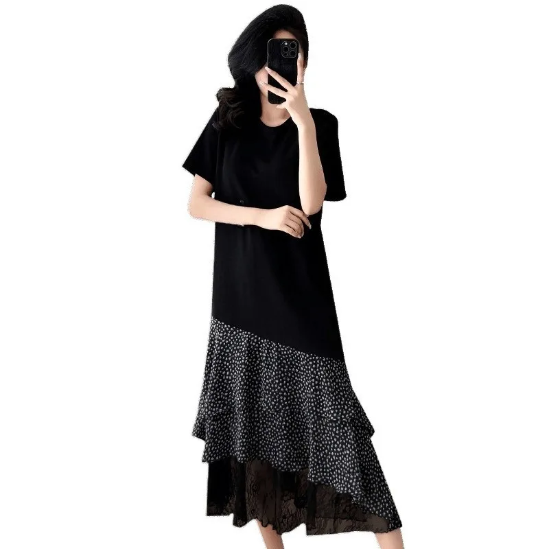 Zomer Casual Jurk 2025, Koreaanse Vrouwen Kant Golf Punt Stiksels Bloemen Jurk Westerse Stijl Losse Afslanken T-shirt Jurk