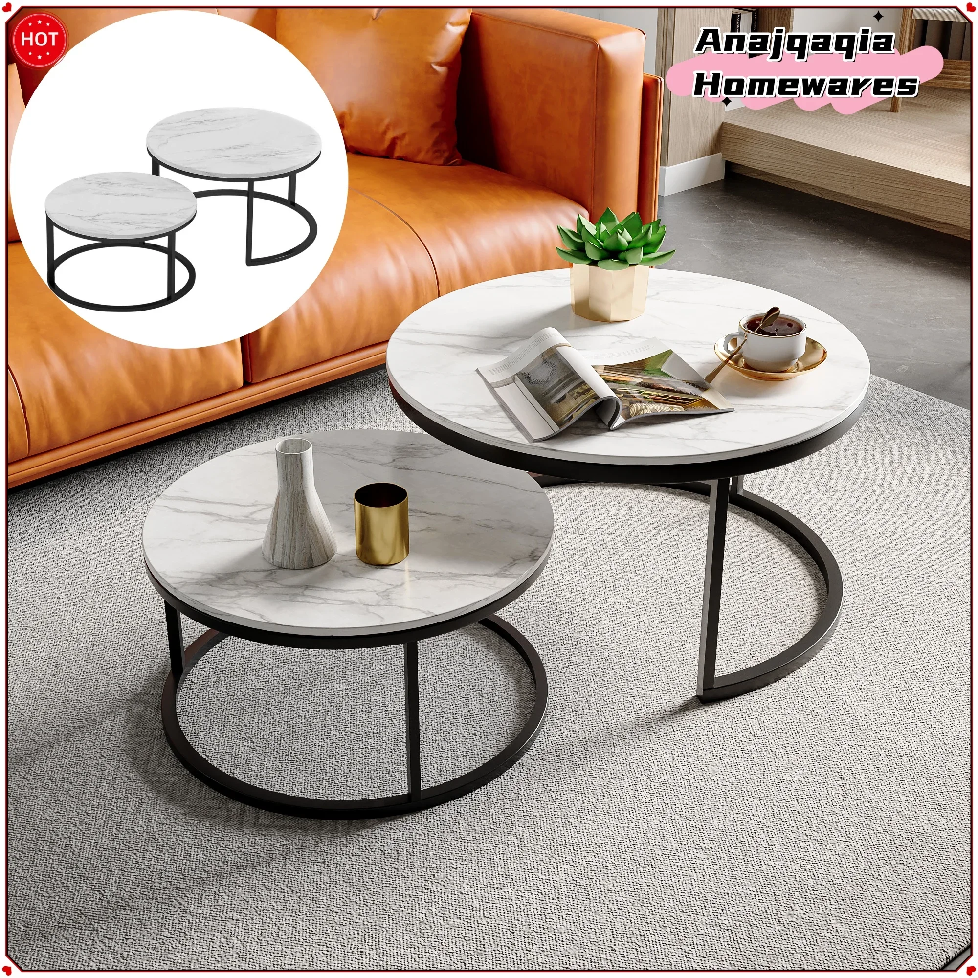 Anajqaqia Modern Round Coffee Table Set of Two, Metal Frame Legs, Imitation Marble White Tabletop, for Living Room, Black