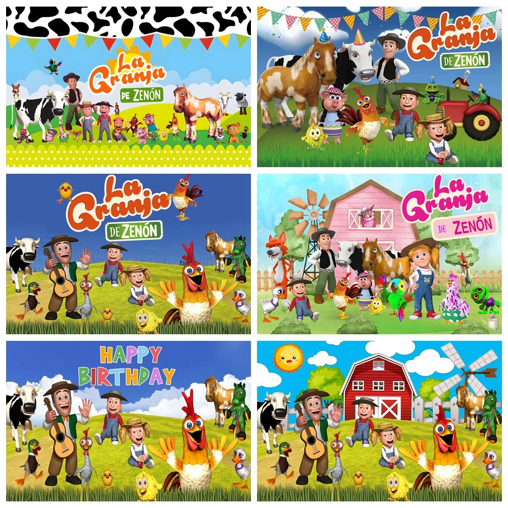 

Custom La Granja De Zenon Backdrop Kids 1st Birthday Photo Studio Green Grass Farm Barn Animal Tractor Photo Background