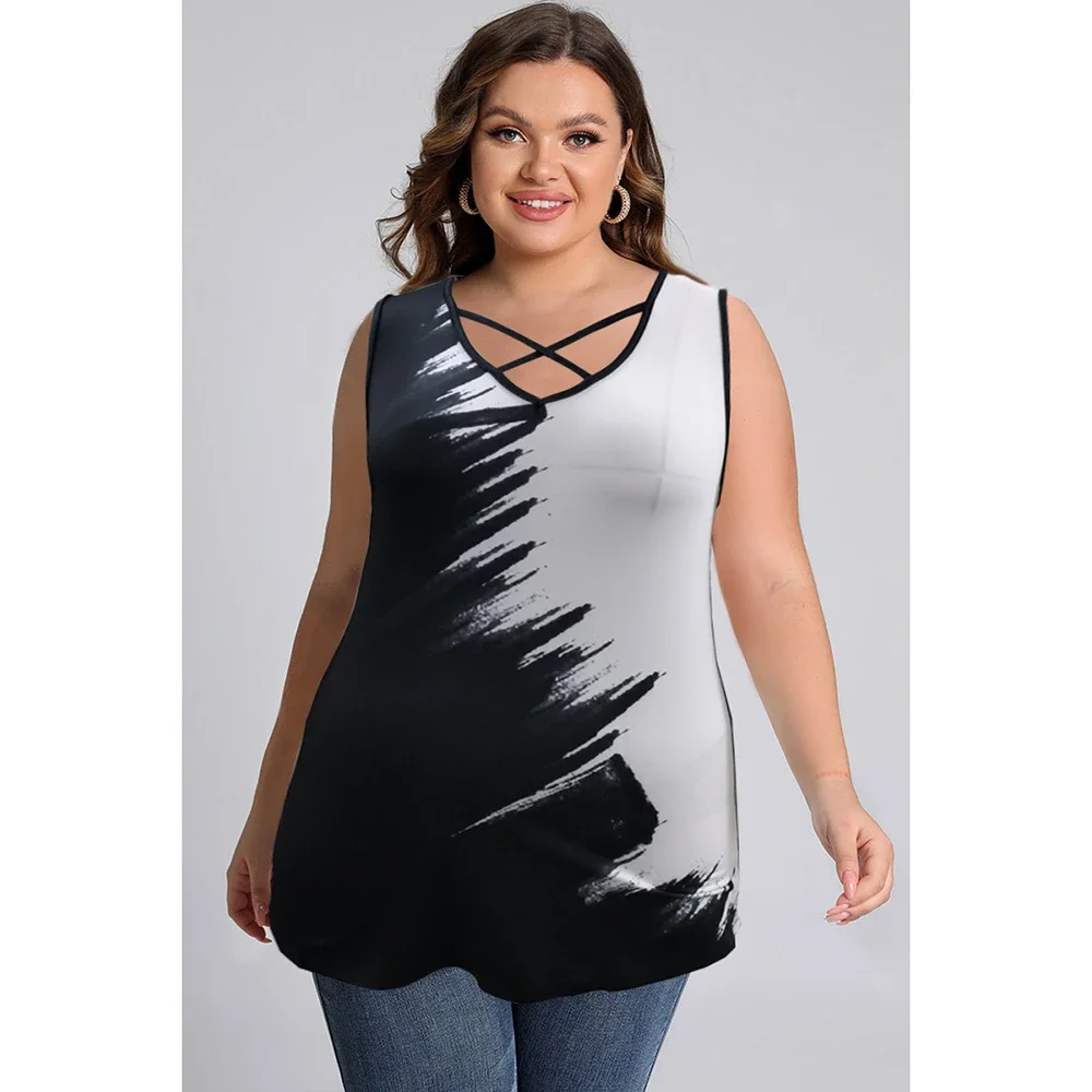 Plus Size Black Cross Strap Tie Dye Print V Neck Tank Top