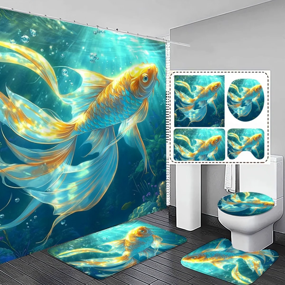 

4 шт. элегантный и великолепный элегантный дизайн с золотой рыбкой, занавеска для душа и нескользящий коврик для ванной, набор для роскошного декора ванной комнаты, изысканный