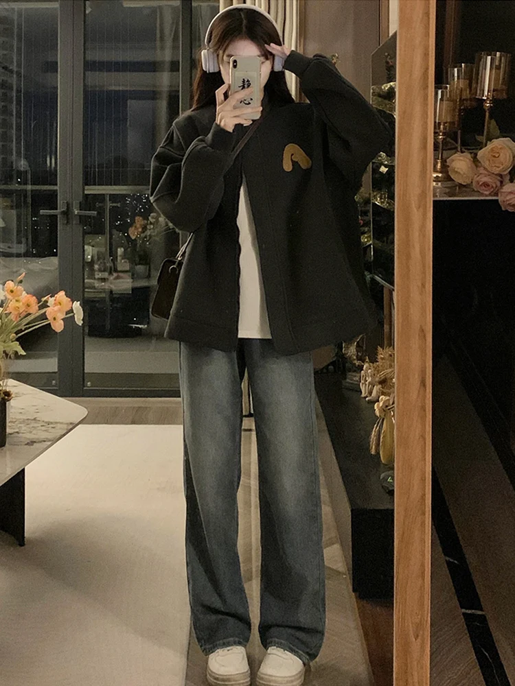 

Baseball Jackets Korean Womens Workwear Petite Bomber Hoody Chic Lace Solid Anorak Drop-Shoulder Pleated Training Unisex Outdoor