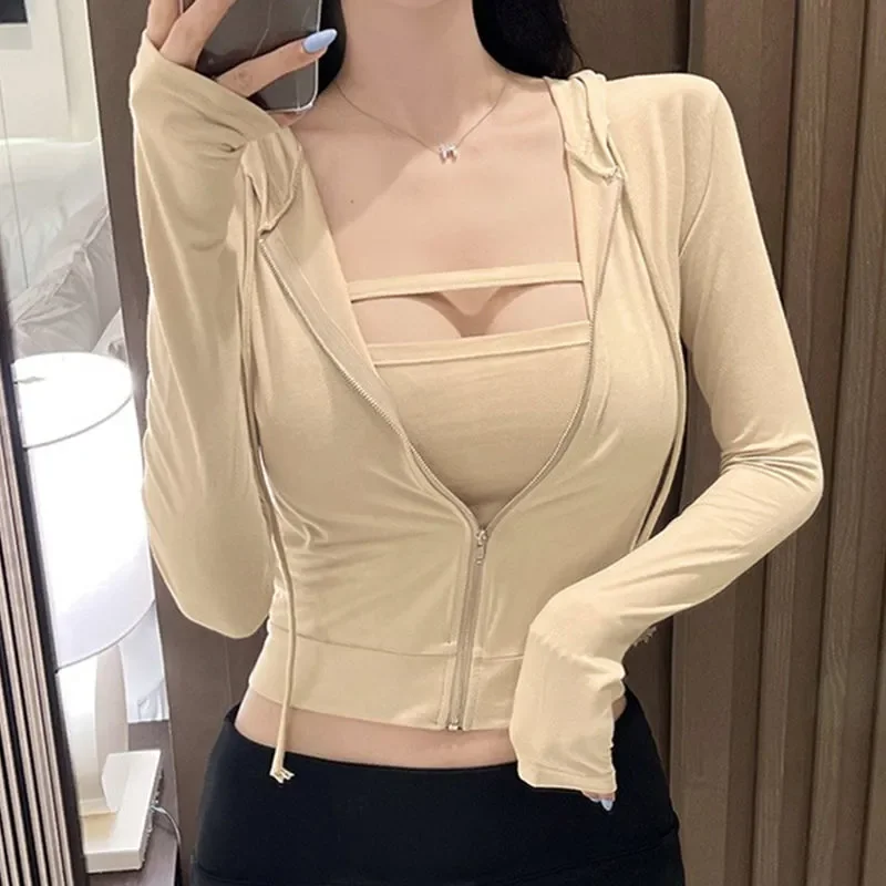 Korean Two-piece Suit for Women Spring Summer New Hollow Bottoming Vest Long-sleeved Hooded Outer Suit