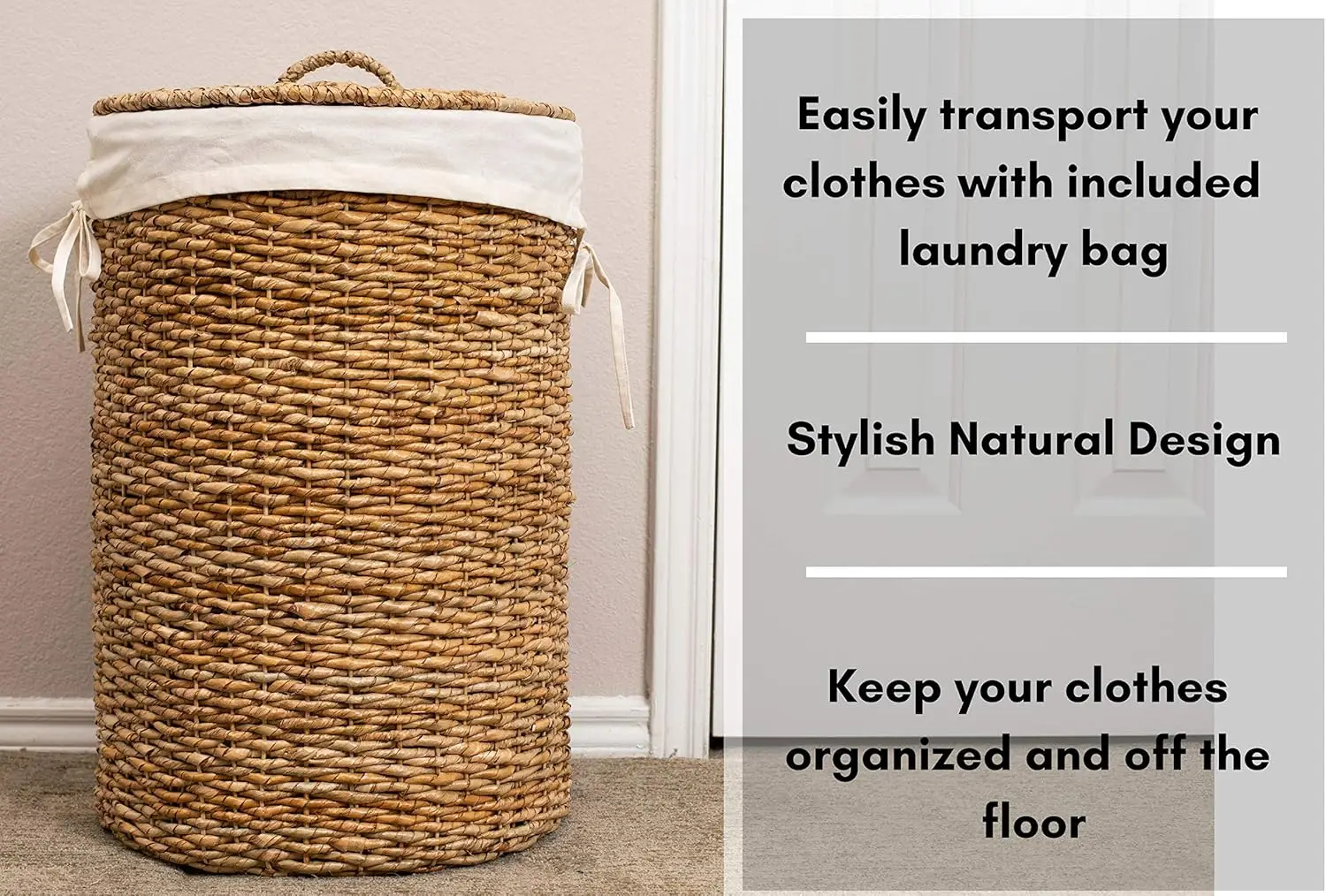 Seagrass Laundry Hamper with Lid & Liner - Handwoven Round Basket with Handles for Laundry/Dirty Clothes - Organizer, Storage