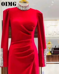 OIMG Exquisite High Neck Rhinestone Prom Dresses Saudi Arabic Women Satin Red Sheer Evening Gowns Occasion Formal Party Dress