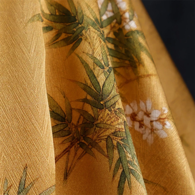 Elegant Chinese Style 19mm Turmeric Bamboo Leaf Small Flower Fabric Cheongsam Dress Half Skirt Fabric