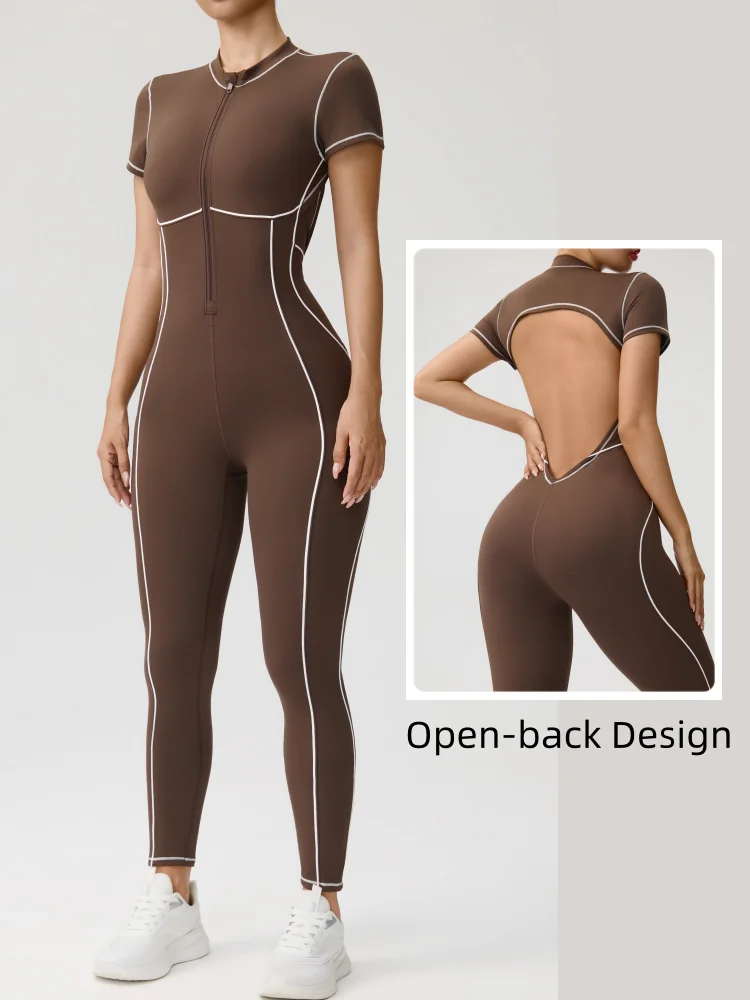 Women's One-piece Chest Pad Yoga Jumpsuit Leggings Short Sleeve Backless Slim Fit Sports Outfit High Elasticity Soft Comfort