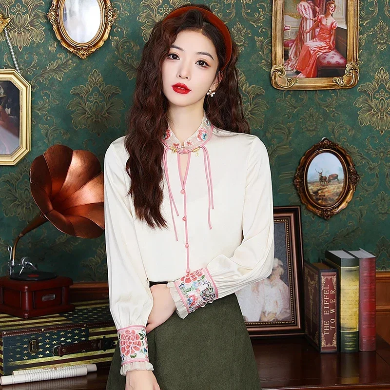 

Satin Women's Shirts Silk Chinese Style Embroidery Blouses Vintage Clothing Loose Spring/Summer Women Tops 2024 Korean