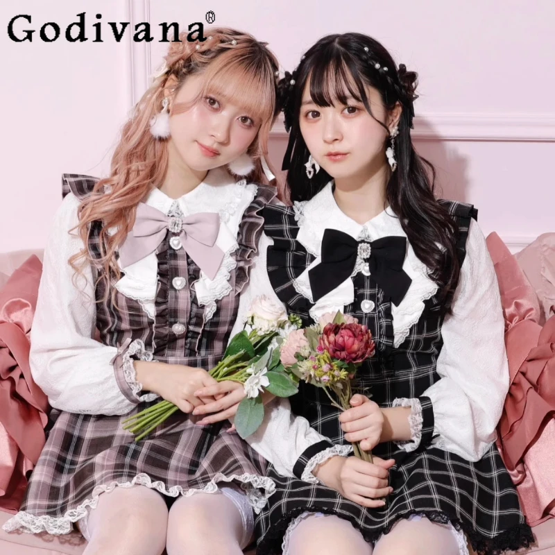 

Spring Japanese New Mine Girls Sweet Y2k Dress Set Womens Lace Bow Dress+Shorts 2 Piece Set Women's Elegant Lady Lolita Outfits