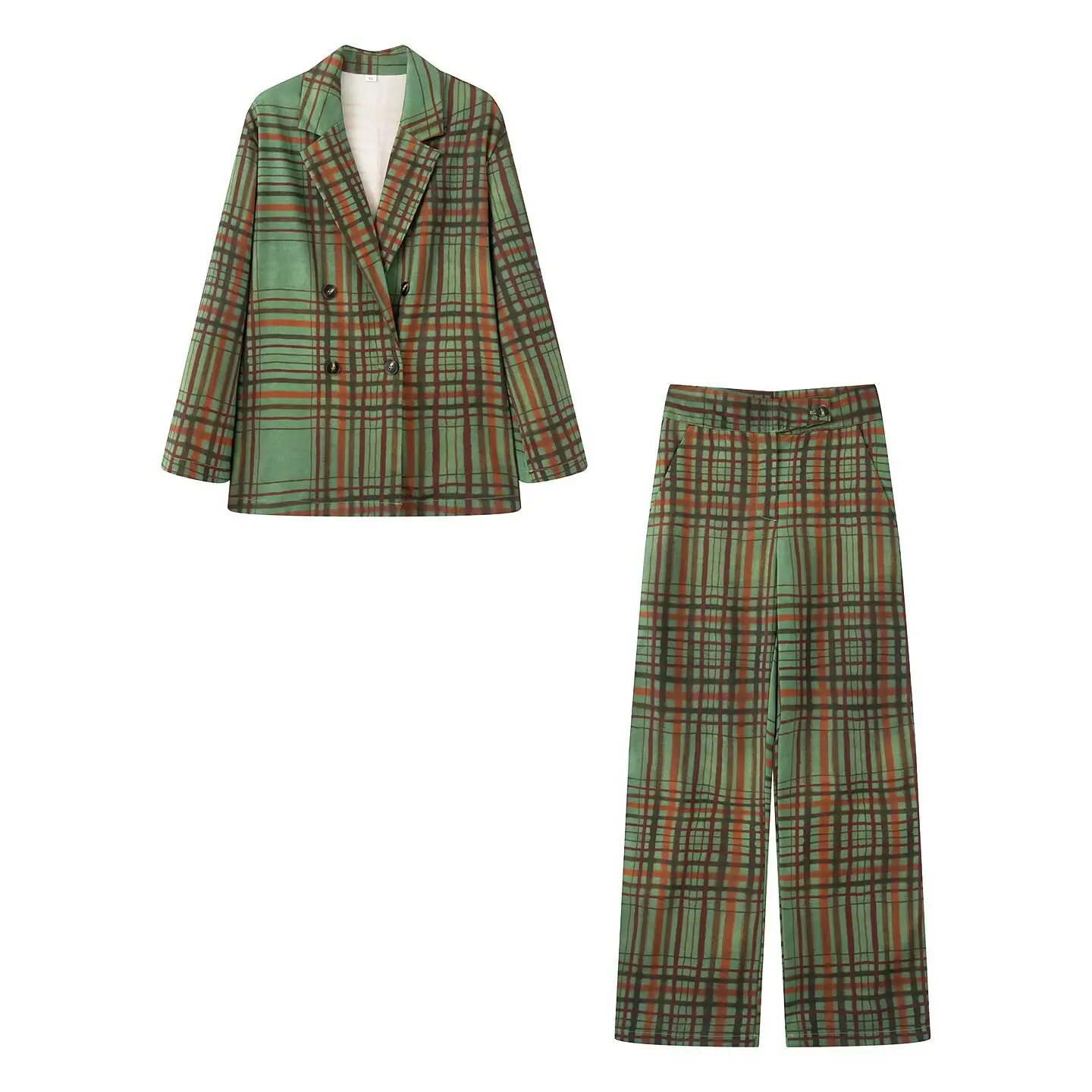 

Стильный клетчатый осенний женский комплект из 2 предметов, цветной костюм с воротником на пуговицах, пальто для женщин, прямые женские брюки с высокой талией