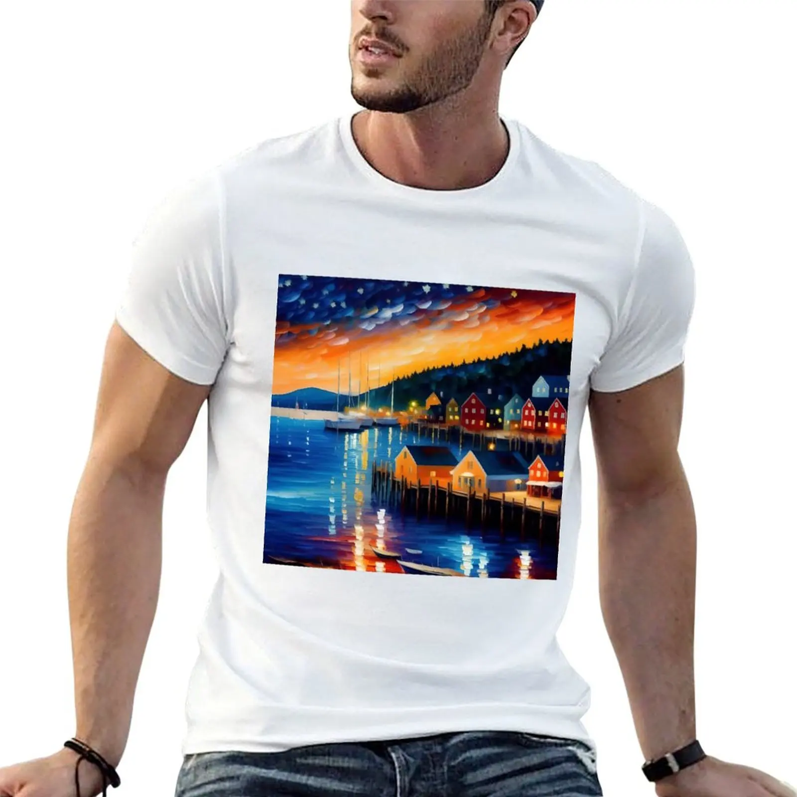 Bar Harbor, Acadia, Mount Desert Island, Maine fishing harbor coastal landscape painting T-Shirt Essential Solid Color T-Shirt