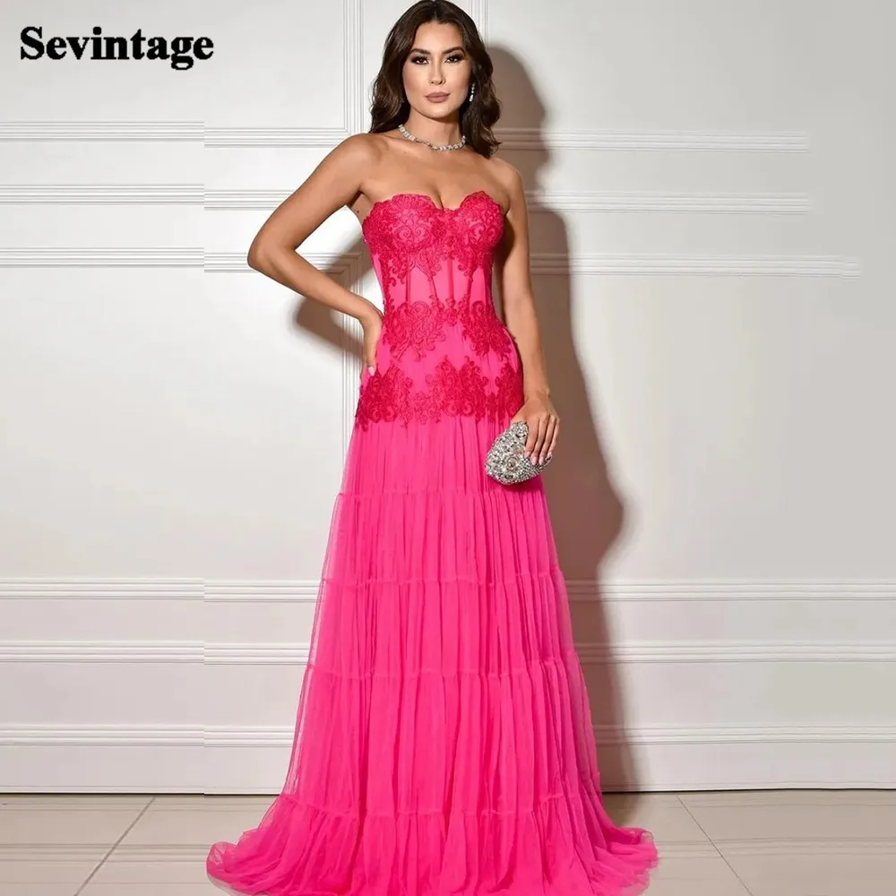 

Sevintage Fuchsia Tulle Appliques Lace Formal Prom Party Gowns Pleats Skirt Sweetheart Evening Dresses Special Occasion Gown