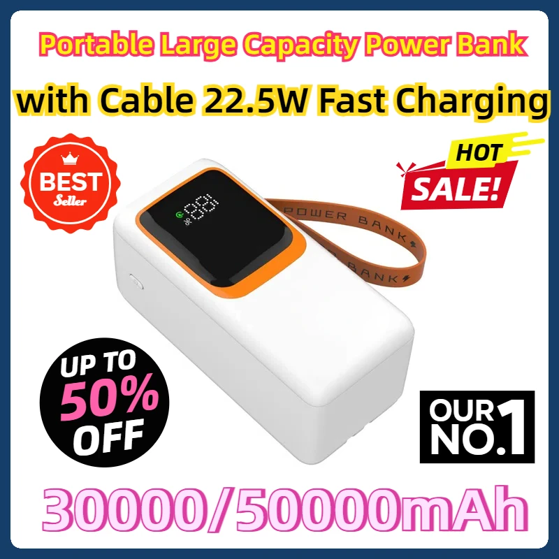 For IPhone Samsung Portable 50000mAh Large Capacity Power Bank with Cable 22.5W Fast Charging 30000mAh External Spare Battery