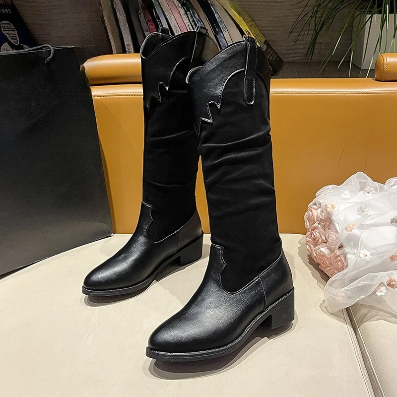 

Сапоги на одинарном каблуке, женские модные нескользящие износостойкие высокие сапоги с круглым носком и рукавами