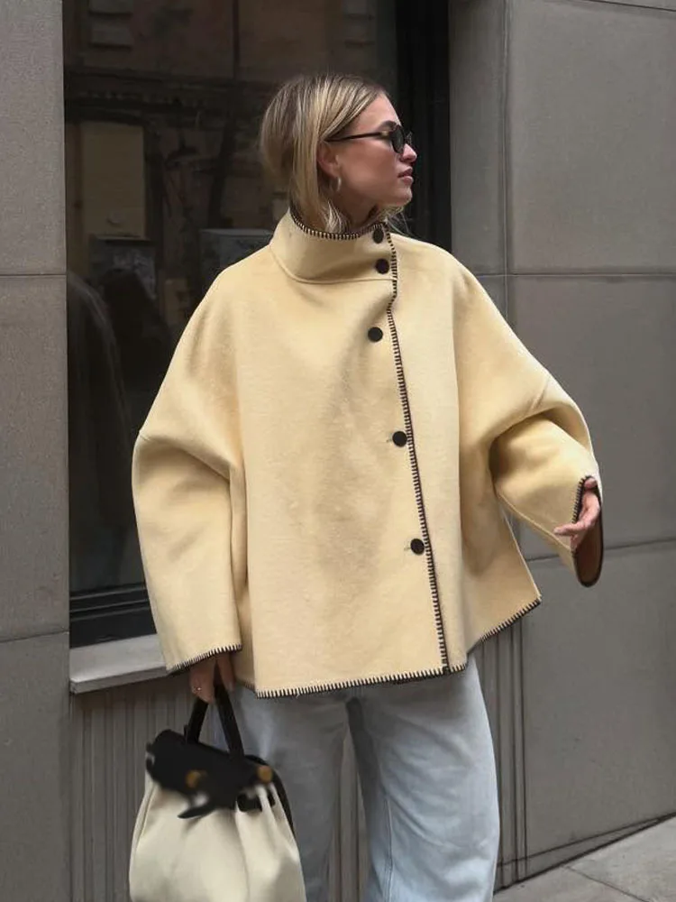 

HH Woman Casual Loose Coat Women Autumn Elegant Coat Long Sleeve Turtleneck Single-Breasted Decorate Solid Street Style Jackets