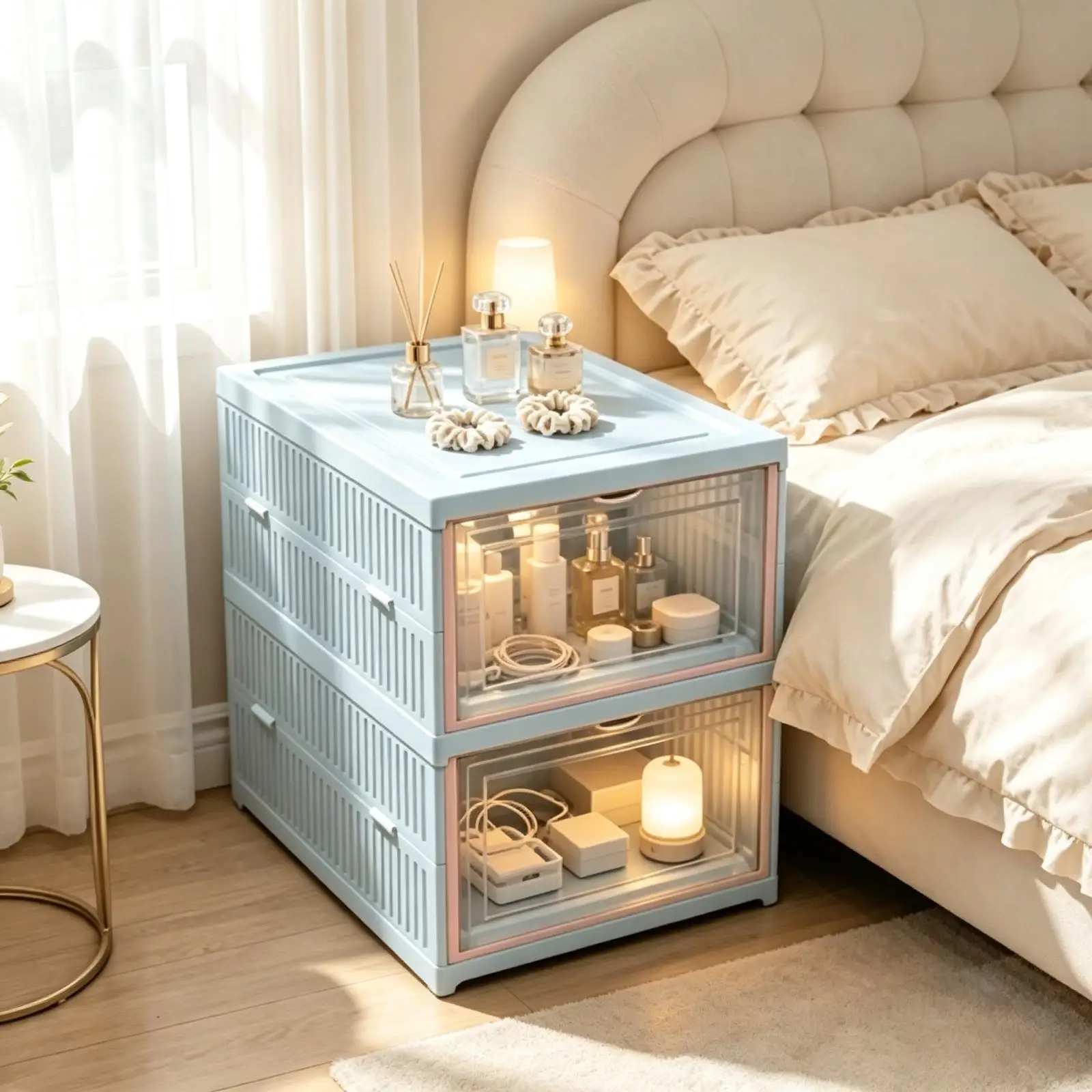 Blue pink transparent foldable bedside storage cabinet nightstand, bedside storage cabinet no need to install bedroom bedside