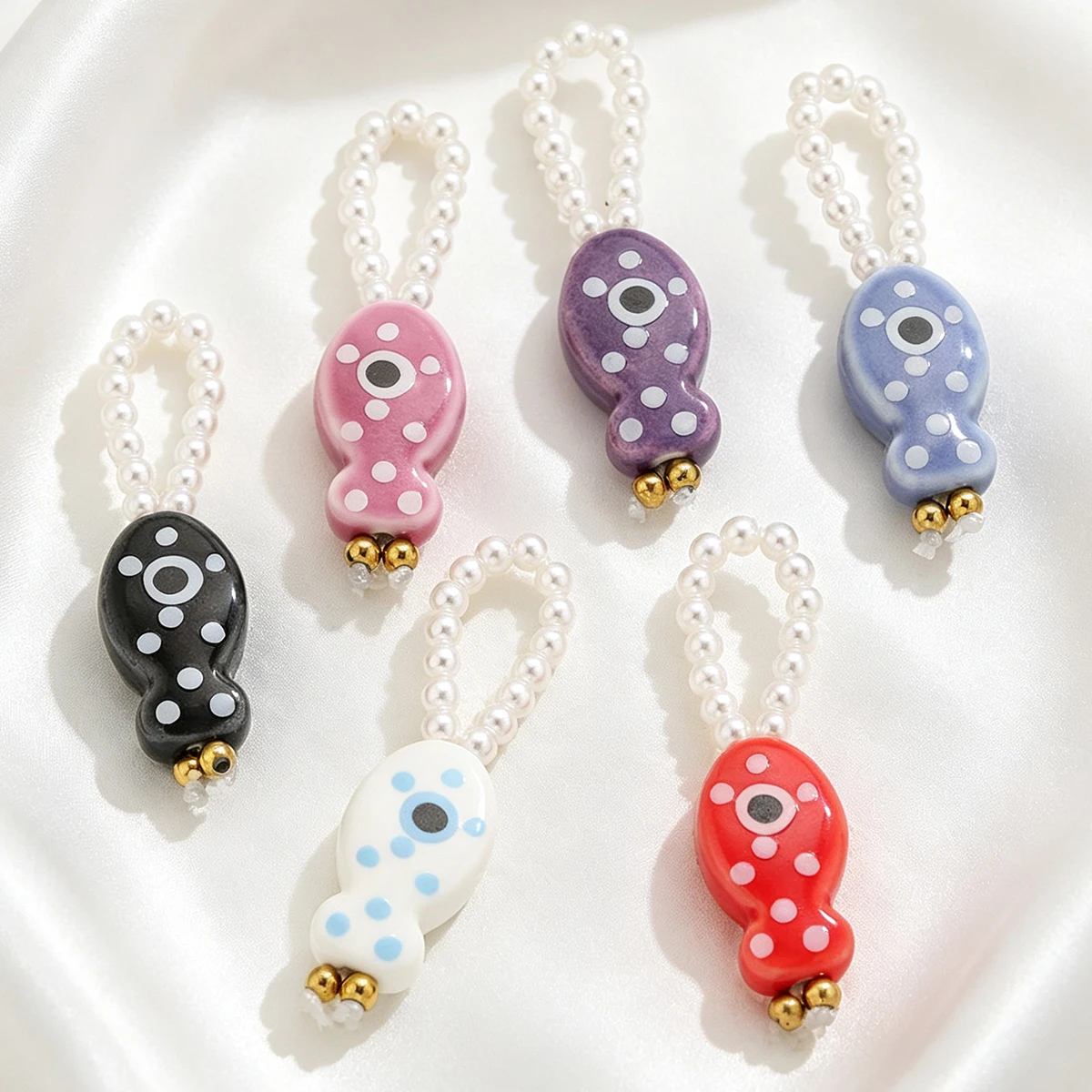 3pcs Ceramic Fish Imitation Pearl Pendant Ocean Animal with Colorful Polka Dots DIY Necklaces Earring Jewelry Findings Wholesale