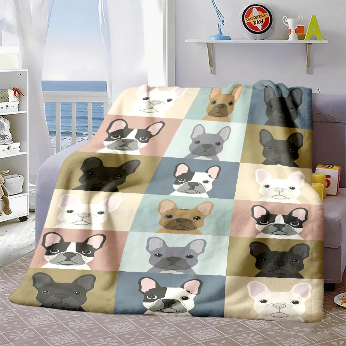 Grid French Bulldog Portrait Flannel Blanket, Cute Puppy Patchwork Art Throw for Living Room Bedroom & Warm Holiday Gift Picks
