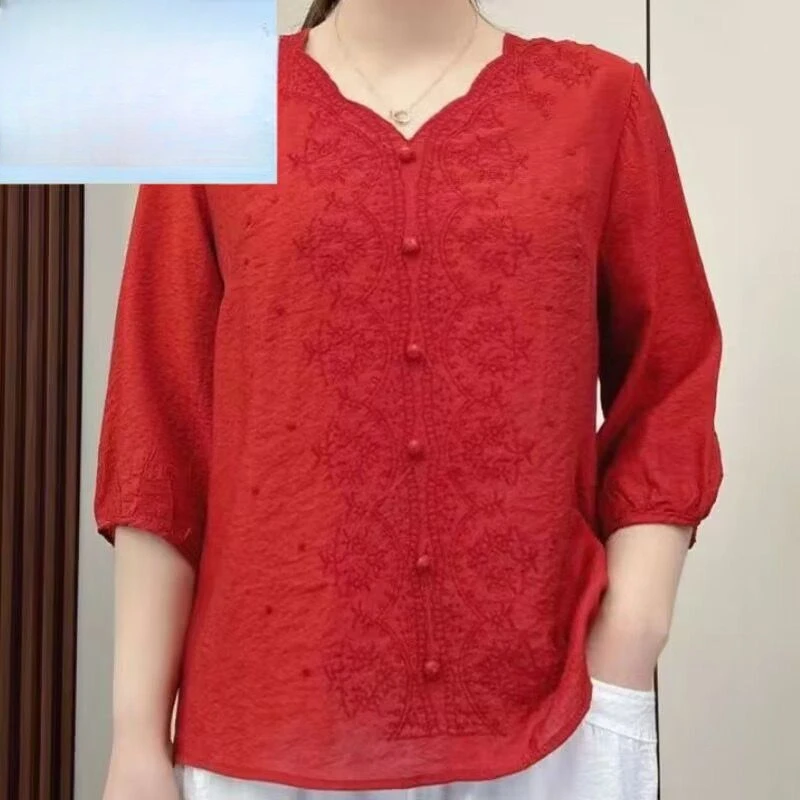 

Retro Fashion Solid Color Embroidered Patchwork Shirt Summer Women's Loose and Versatile V-neck Half Sleeved Top for Women L317