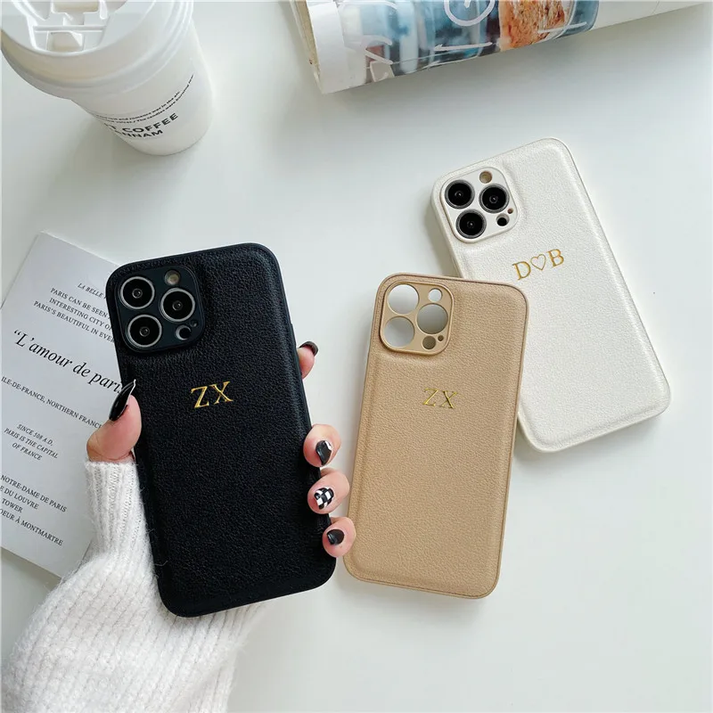 Personalise Gold Silver Initials Leather PU Soft Case For Iphone 14 12 15 Pro Xs Max 13 Mini 11 XS XR 7 8 14 Plus Luxury  Covers