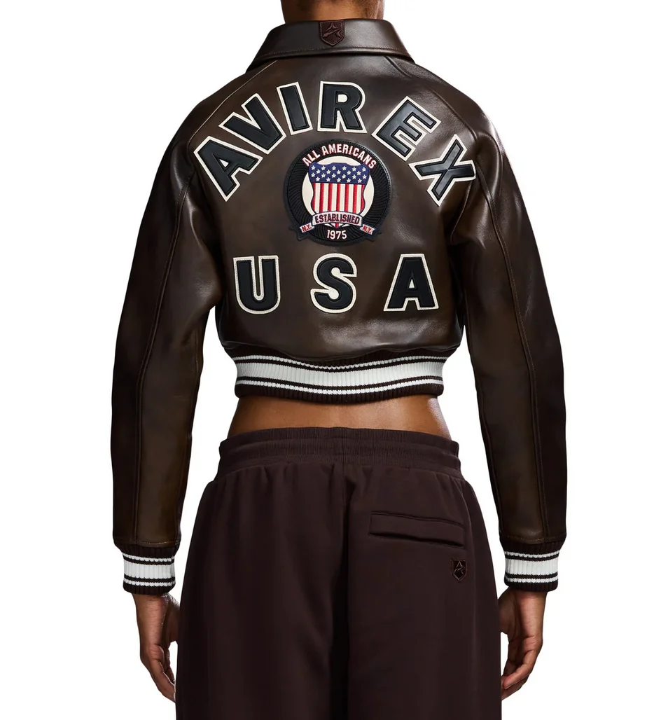 AVIREX 2025 خريف جديد وصول المرأة الأوروبية سترة جلد الخراف سترة رحلة عادية قصيرة طول خمر براون جلد طبيعي