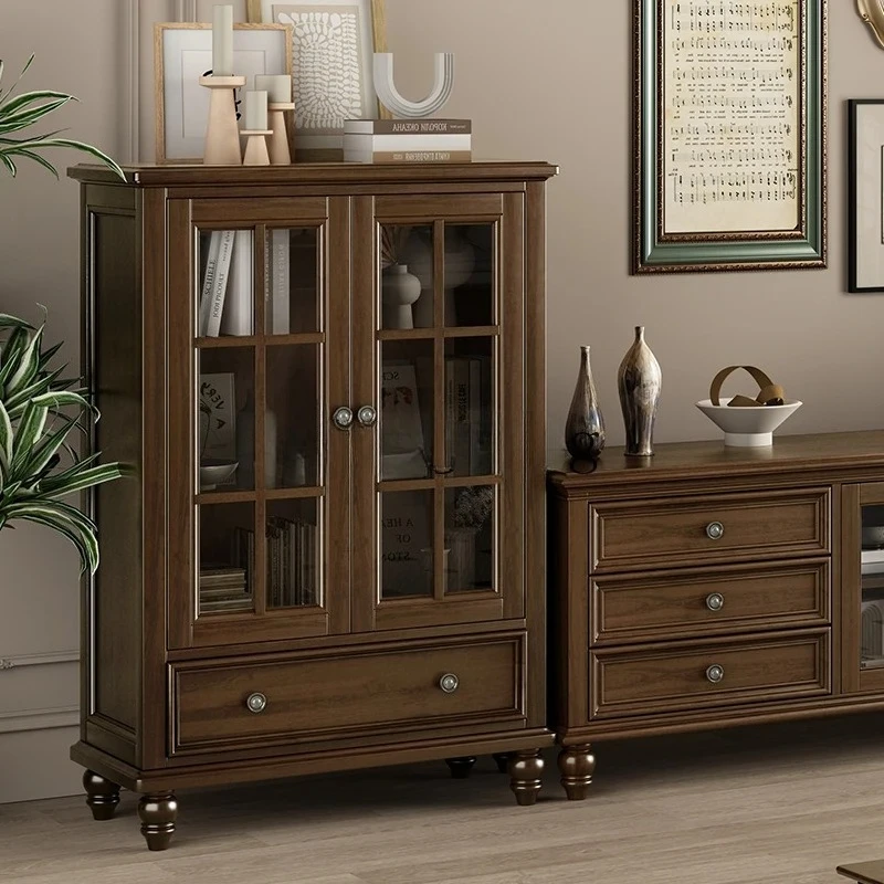 

HJ retro all-solid wood double door side cabinet living room storage glass door small apartment storage rack