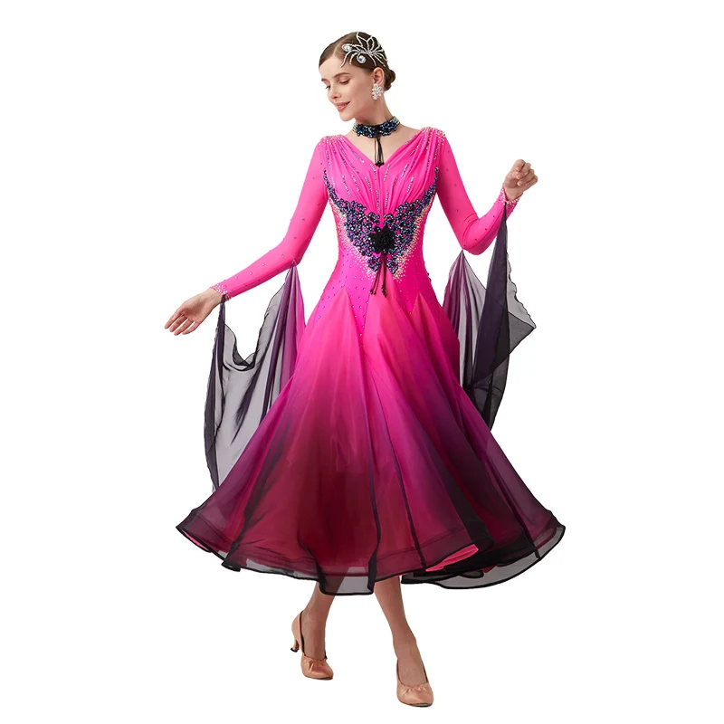 

B-23027 New Women Modern Dance Rhinestone Color Diversity Dress Ballroom National Standard Waltz Competition Performance