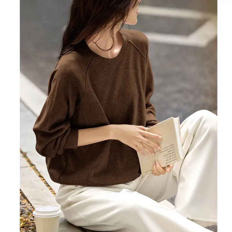 

Autumn New Soft Color Loose Round Neck Top Versatile Casual Solid Color Early Autumn Long-sleeved Sweatshirt for Women