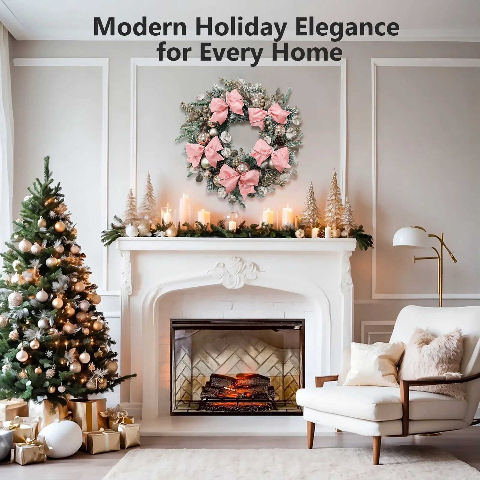 

Праздничный 24-дюймовый рождественский венок на входной двери, предварительно украшенный розовым бантом и шариками, готовое к использованию праздничное украшение на открытом воздухе