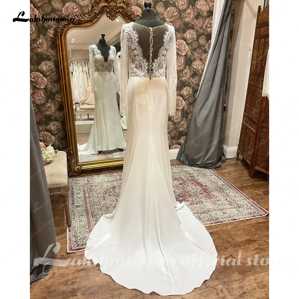 Lakshmigown-vestido de novia de manga larga para mujer, traje de novia con cuello en V, ilusión trasera, hochzeitskleid suknia slubn, 2024