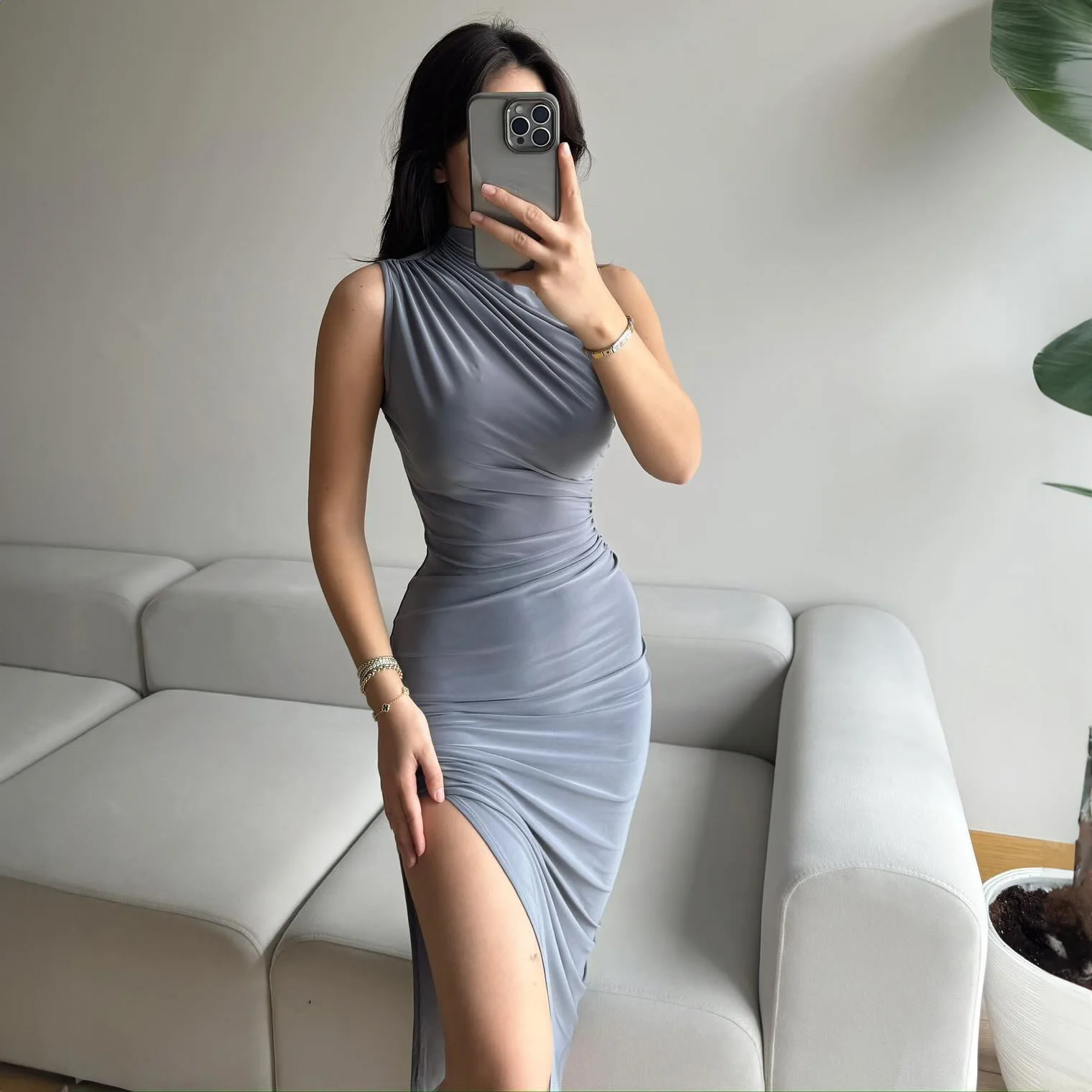 

Solid Color Split High Waist Slim Fit Midi Dress Sexy Sleeveless Long Clothes 2024 Summer Women's Casual Elegant Pleated Skirt