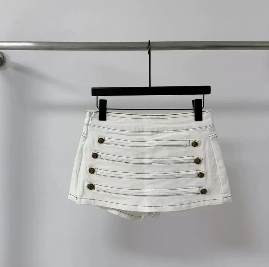 Retro Low-rise Double-breasted Splicing Washed Denim Skirt Women's Summer New Hip-wrapped Skirt