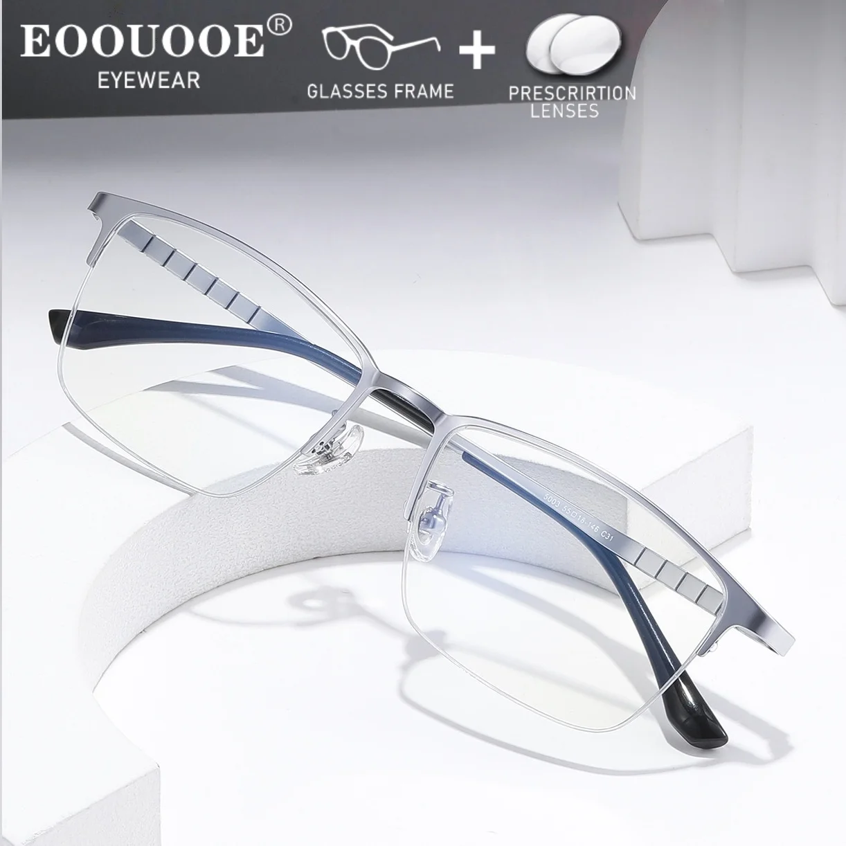 

Men's Square Half Frame Titanium Glasses Prescription Lenses Customiz Progressive Anti-Blue Light Photochromic Anti reflection