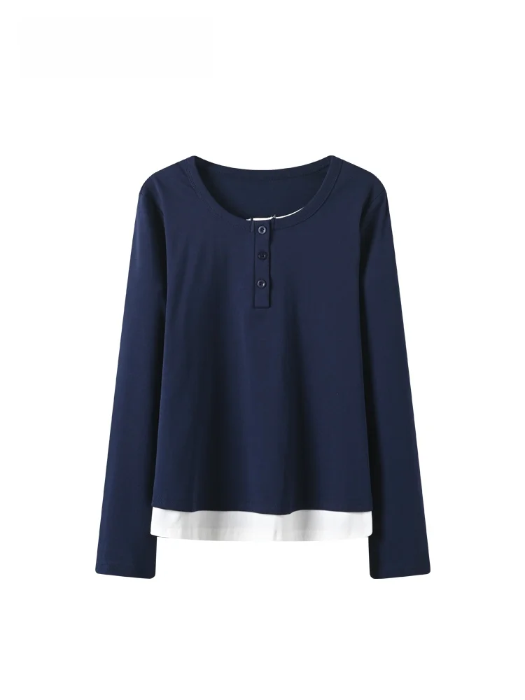 

Женская футболка больших размеров с длинным рукавом, весенняя новинка, модный топ-обманка с эффектом двухслойности, универсальная одежда в стиле колор-блок.