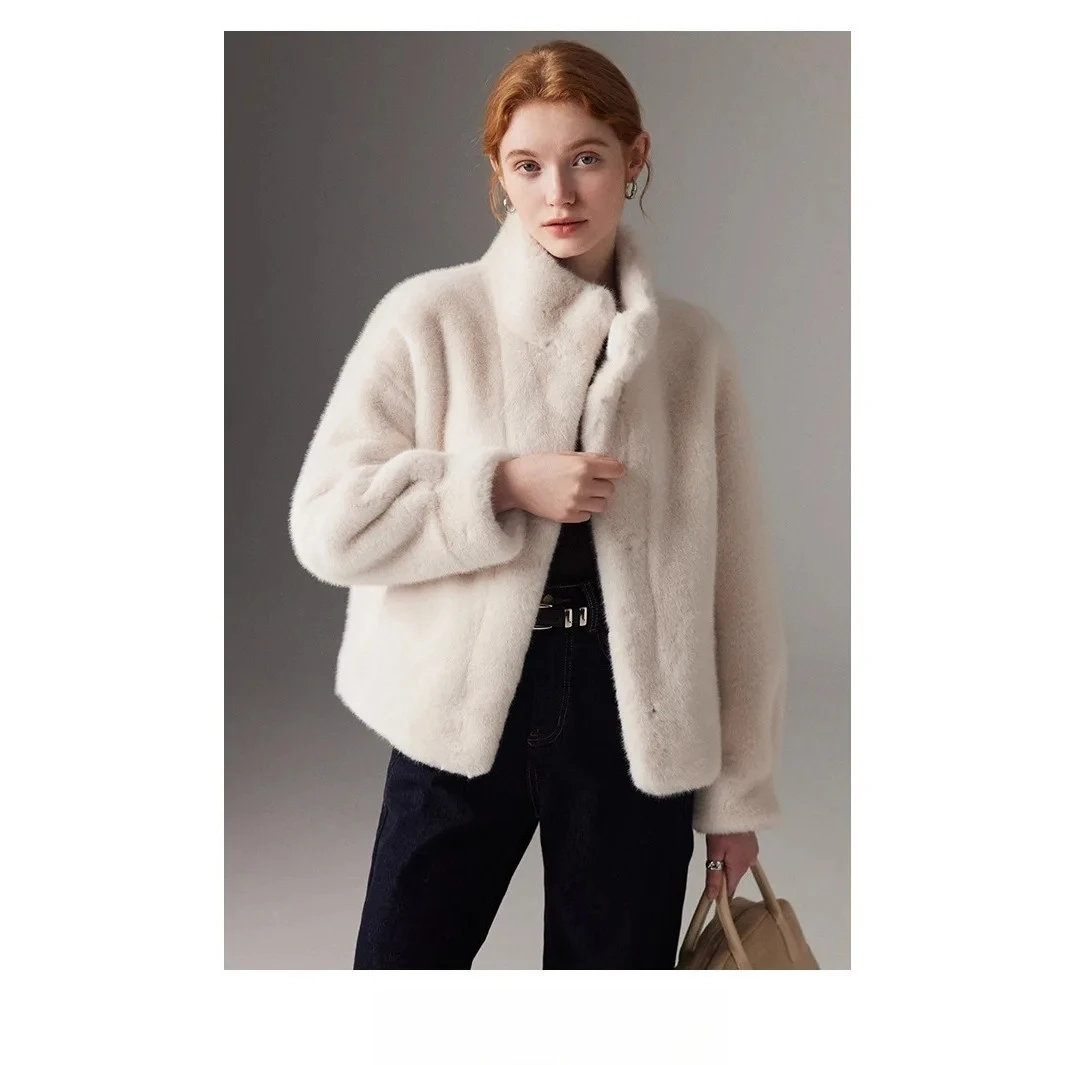 سيدة فرو المنك سترة مريحة مريحة الإناث معطف فرو المنك 2025 الشتاء النساء ايكو الفراء أبلى الوقوف طوق زر بلون #3